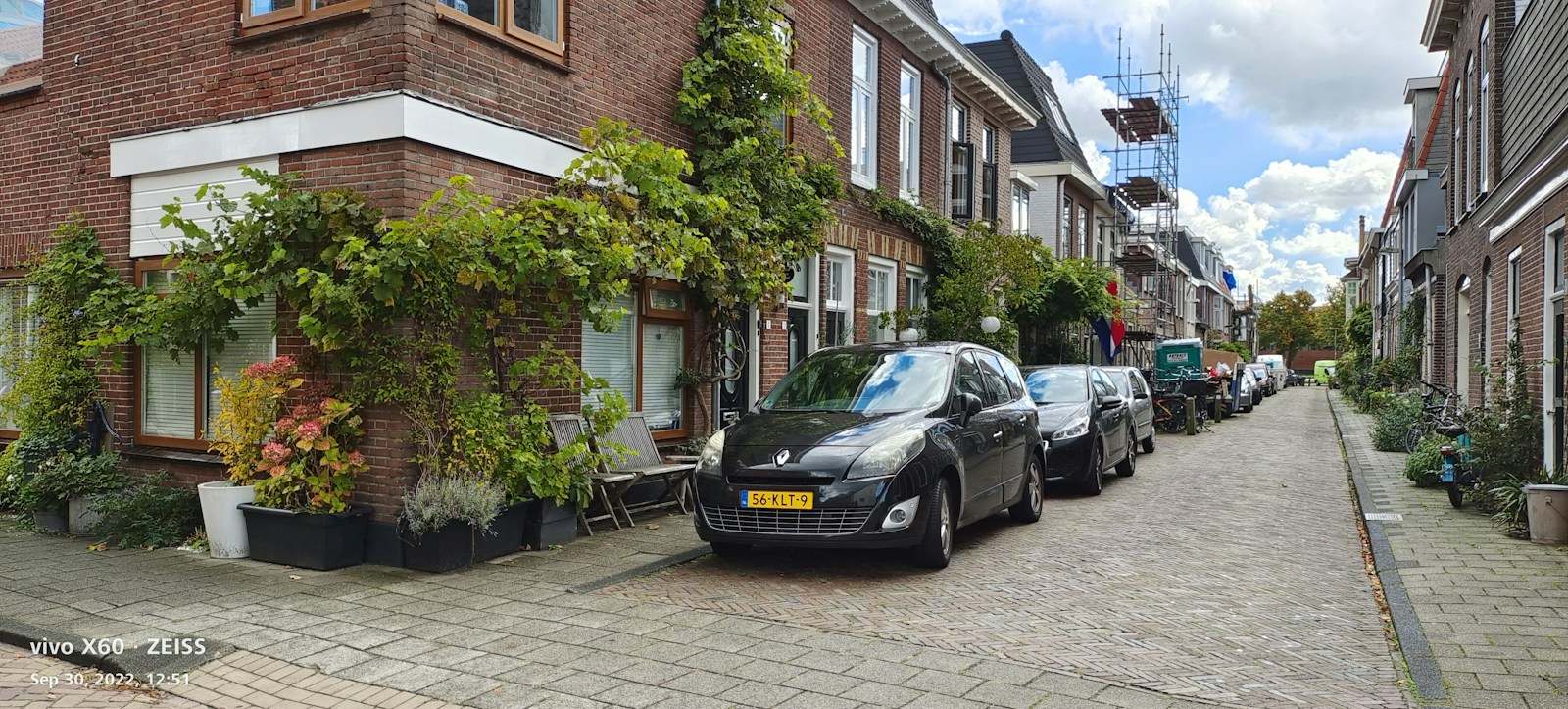 Smalle straat met bakstenen rijwoningen, groen tegen de gevels en geparkeerde auto's